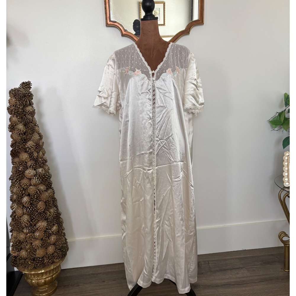 Barbizon Vintage Pale Cream Floral Embroidered‎ Elegant Lace Trim Long Robe 1X